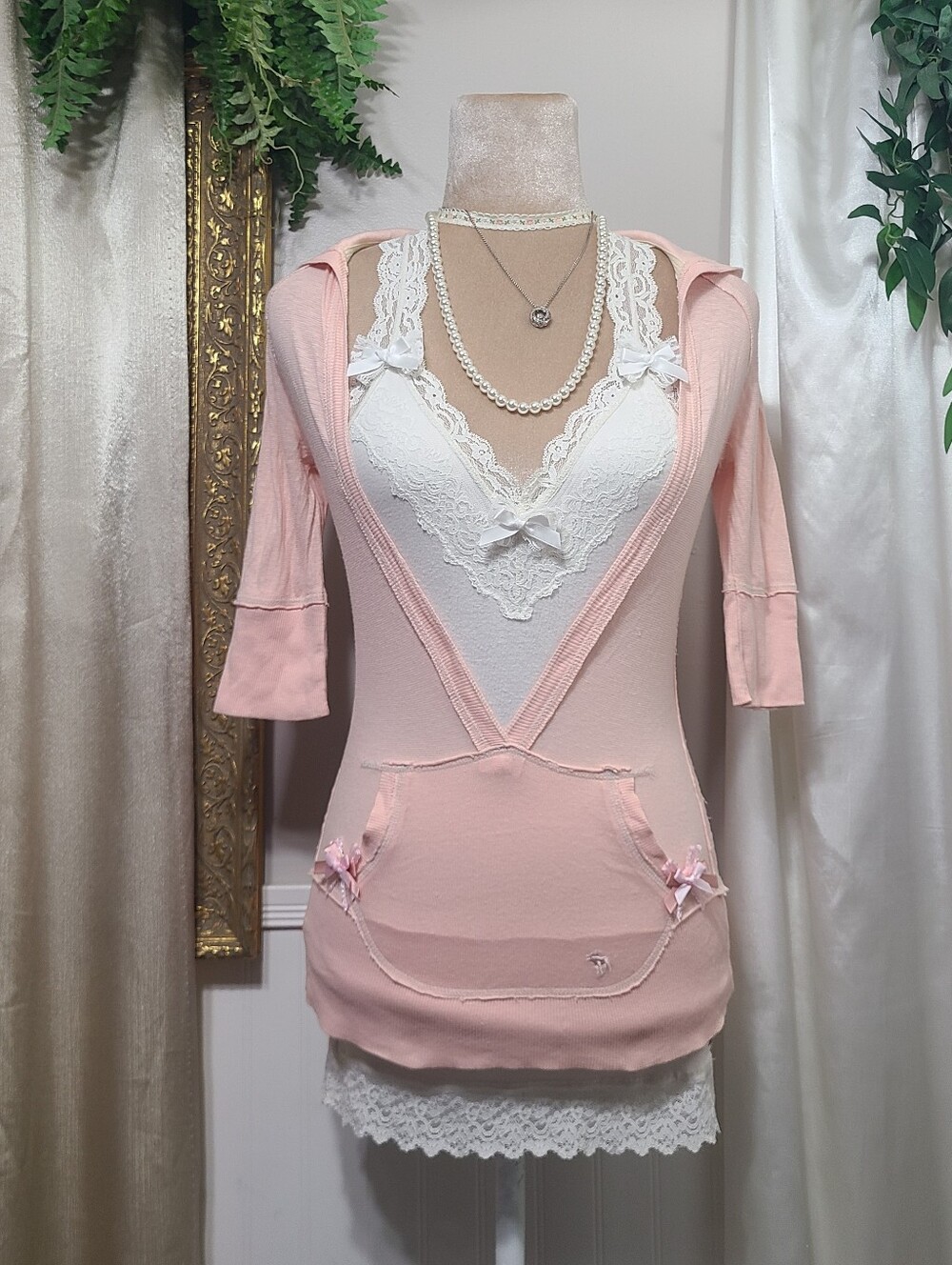 ♡ Y2K ♡ Abercrombie Baby Pink Babydoll Hooded Shirt Kangaroo Pocket Bow Top